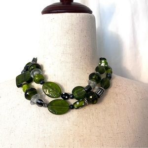 Women's Vintage Green Glass Beads Black Stone Necklace Silver Clasp Marked 925